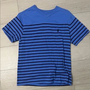 Ralph Lauren Blue Striped V-Neck Pocket Tee with Black Stripes
